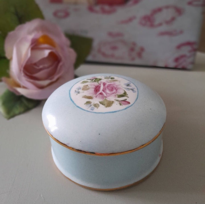 Vintage Duck Egg Blue Floral Trinket Pot With Lid