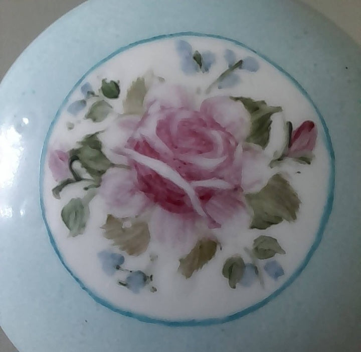 Vintage Duck Egg Blue Floral Trinket Pot With Lid