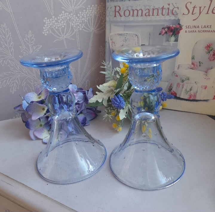 Art Deco Pair Blue Hobnail Glass Candlesticks