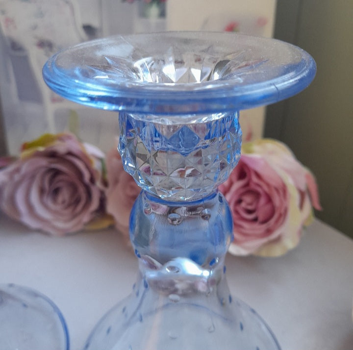 Pair of Art Deco Blue Glass Candlesticks With Hobnail Detail