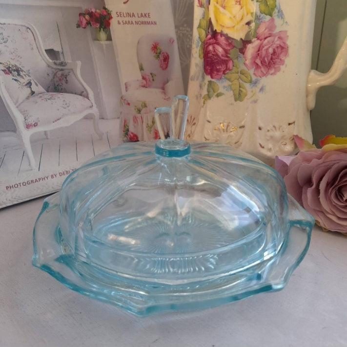 Art Deco Aqua Glass Trinket Pot With Lid