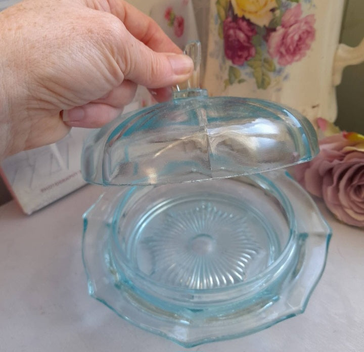 Art Deco Aqua Blue Glass Round Trinket Pot With Lid