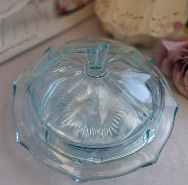 Art Deco Aqua Blue Glass Round Trinket Pot With Lid
