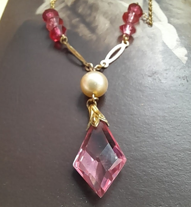 Antique Edwardian Pink Czech Glass & Pearl Pendant Necklace