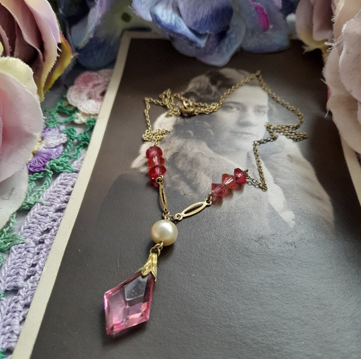 Antique Edwardian Pink Czech Glass & Pearl Pendant Necklace