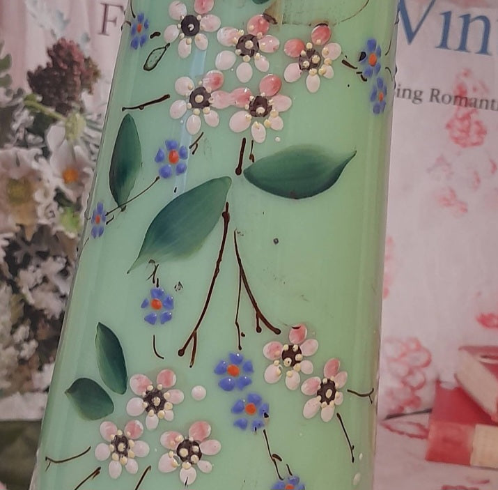 Victorian Milk Opaline Glass Vase in Duck Egg Blue & Pink Blossom