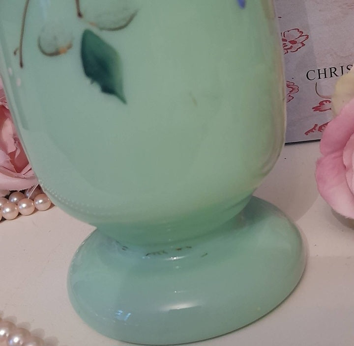 Victorian Milk Opaline Glass Vase in Duck Egg Blue & Pink Blossom