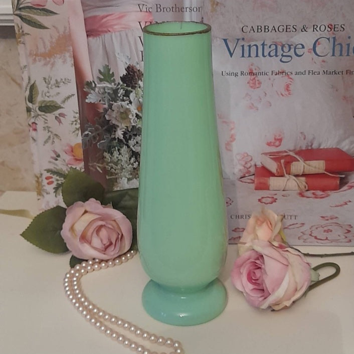 Victorian Milk Opaline Glass Vase in Duck Egg Blue & Pink Blossom