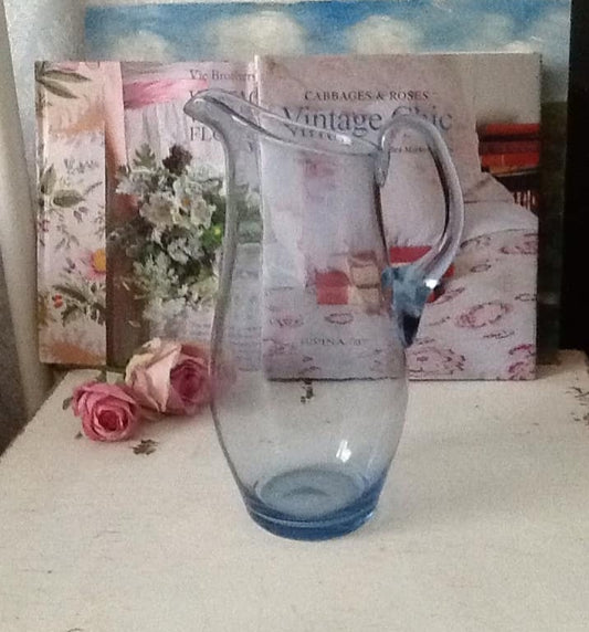 Vintage tall handmade blue glass jug