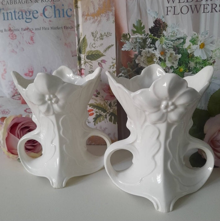 Vintage PAIR Of Cream Vases With Handles & Raised Flower Design