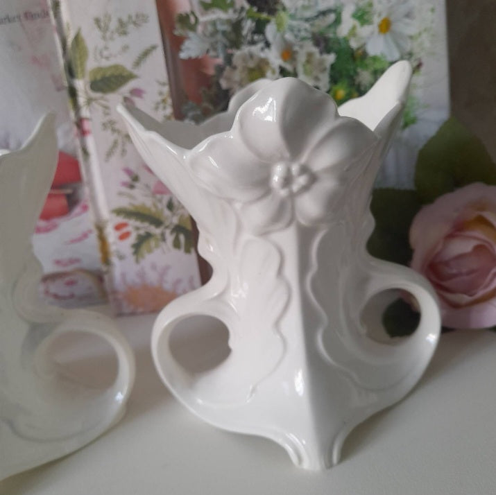 Vintage PAIR Of Cream Vases With Handles & Raised Flower Design