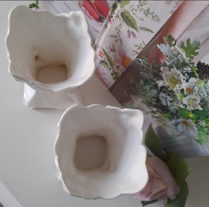 Vintage PAIR Of Cream Vases With Handles & Raised Flower Design