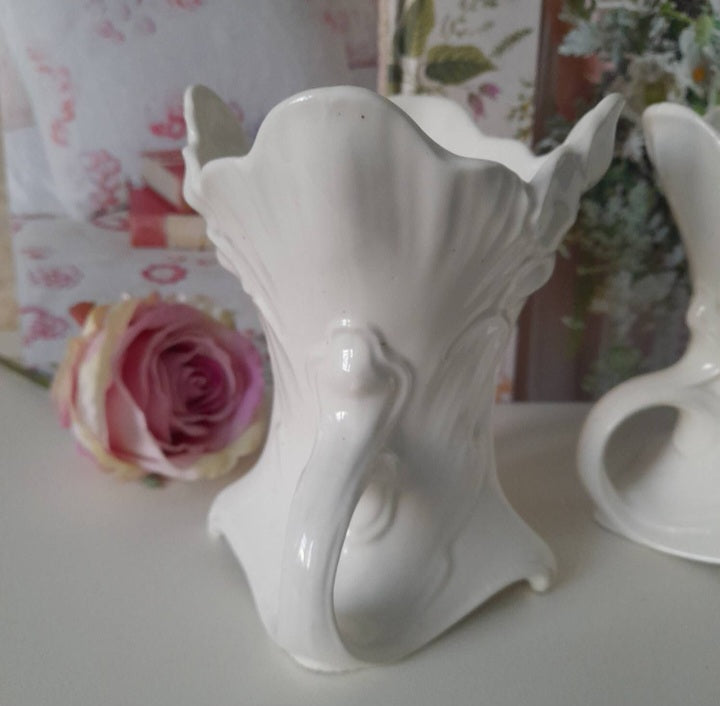 Vintage PAIR Of Cream Vases With Handles & Raised Flower Design