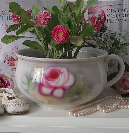 Victorian Grey Floral Chamber Pot With Pink Roses To Front Perfect Vintage Planter