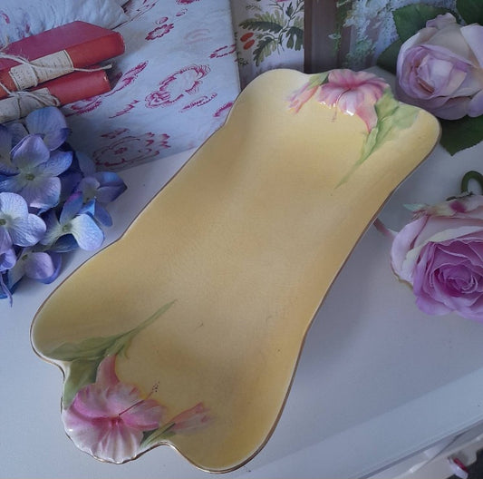Art Nouveau Royal Winton Grimwades 'Hibiscus' Long Serving Dish In Yellow With Pink Flowers