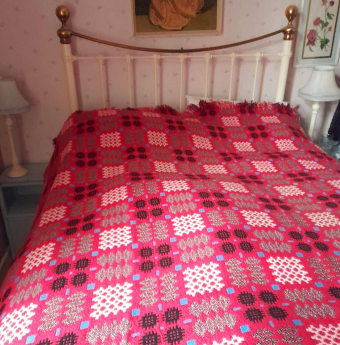 Vintage Welsh Wool Tapestry Blanket in Raspberry Red King Size