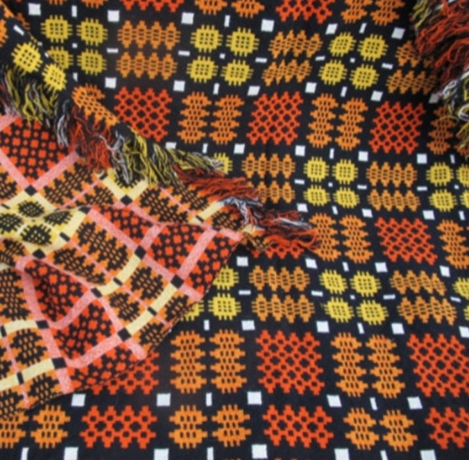 Vintage Welsh Wool Tapestry Blanket in Black & Orange