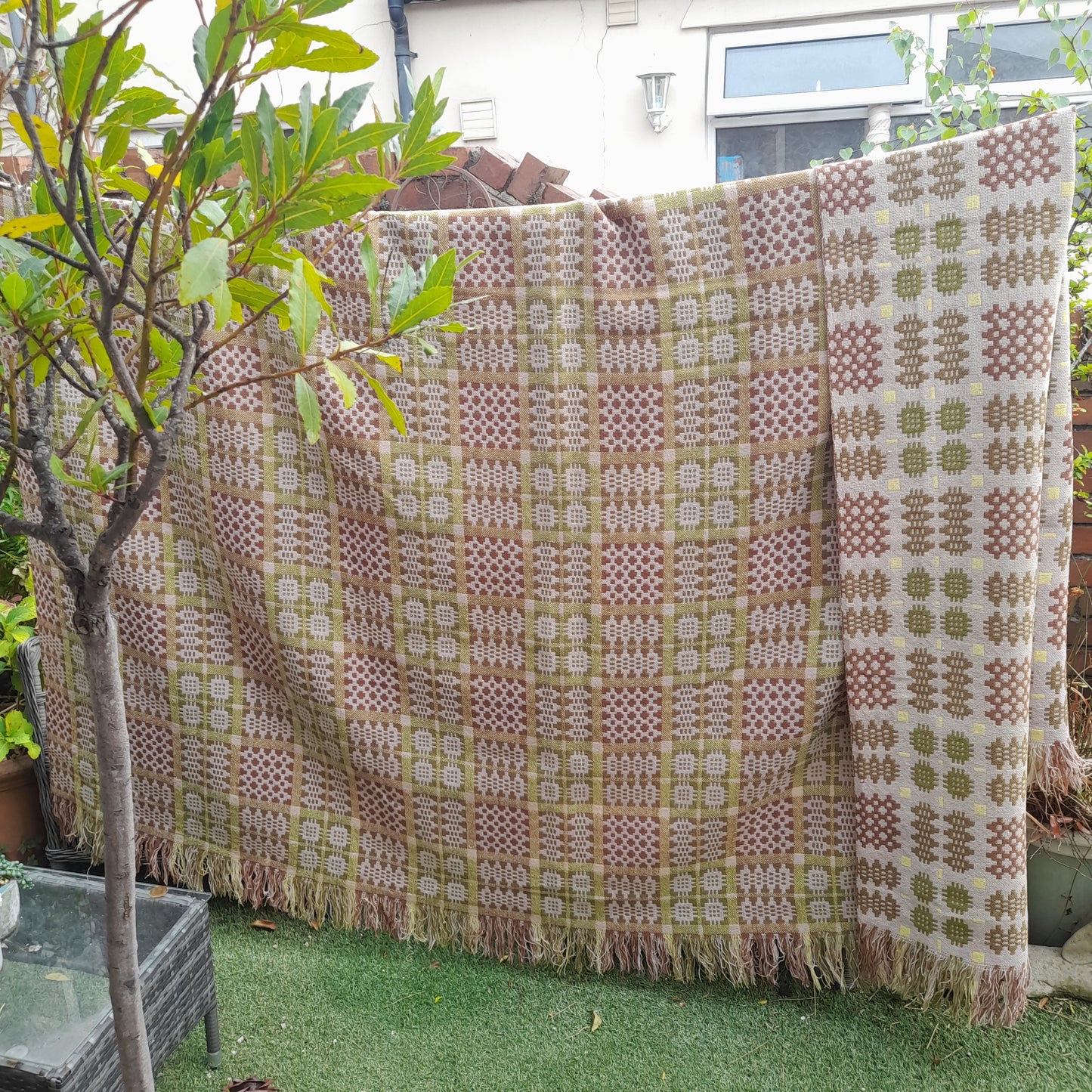 Vintage Welsh Tapestry Blanket in Taupe Green Cream With Pop of Yellow Super King Size