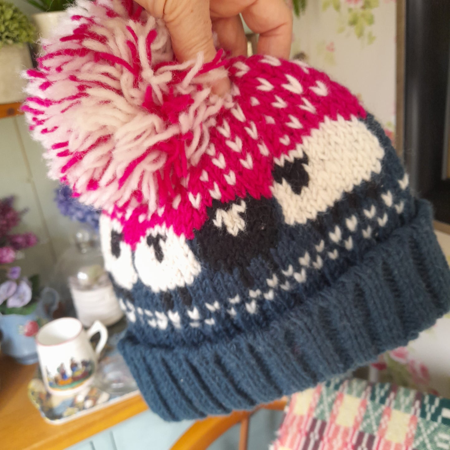 Hand Knit Woollen Sheep Bobble Hat in Pink Navy White & One Black Sheep