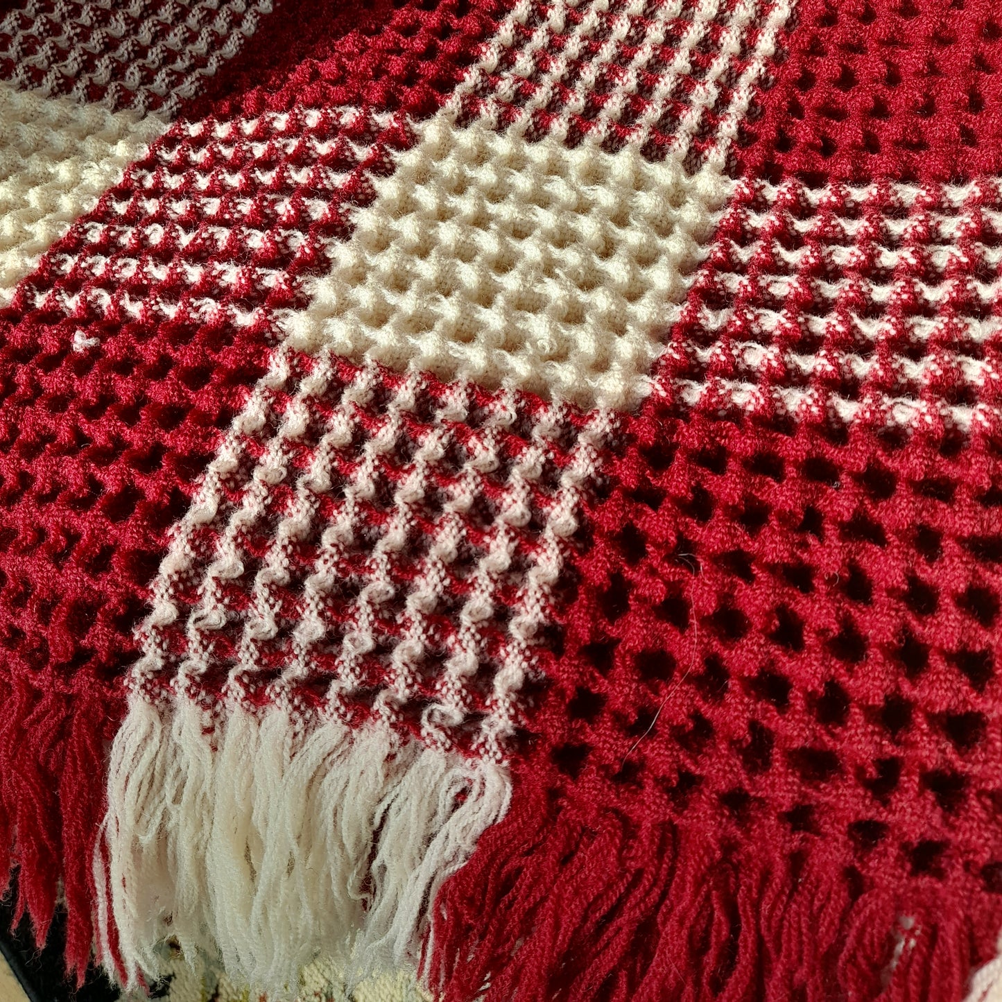 Vintage Welsh Wool Waffle Honeycomb Blanket Burgundy & Cream Check