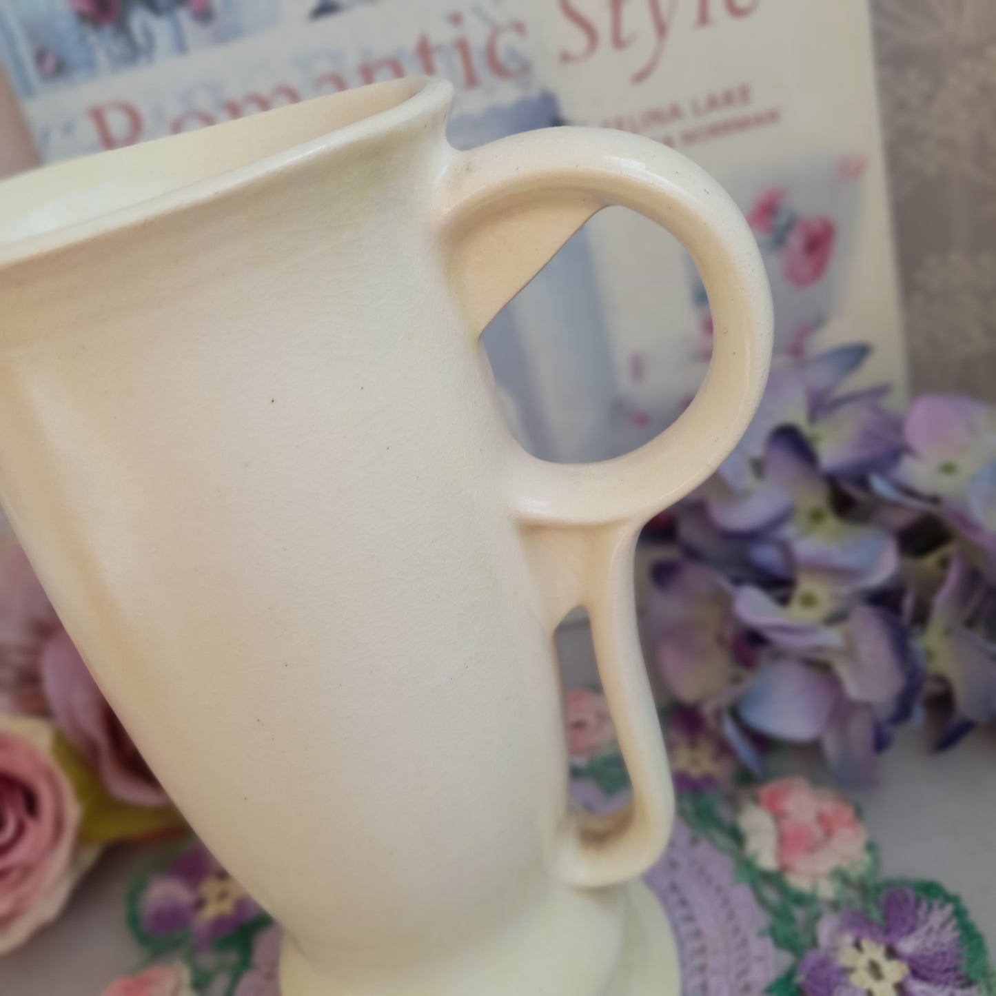 Vintage Art Deco Cream Ceramic Pitcher Vase, Elegant Footed Jug