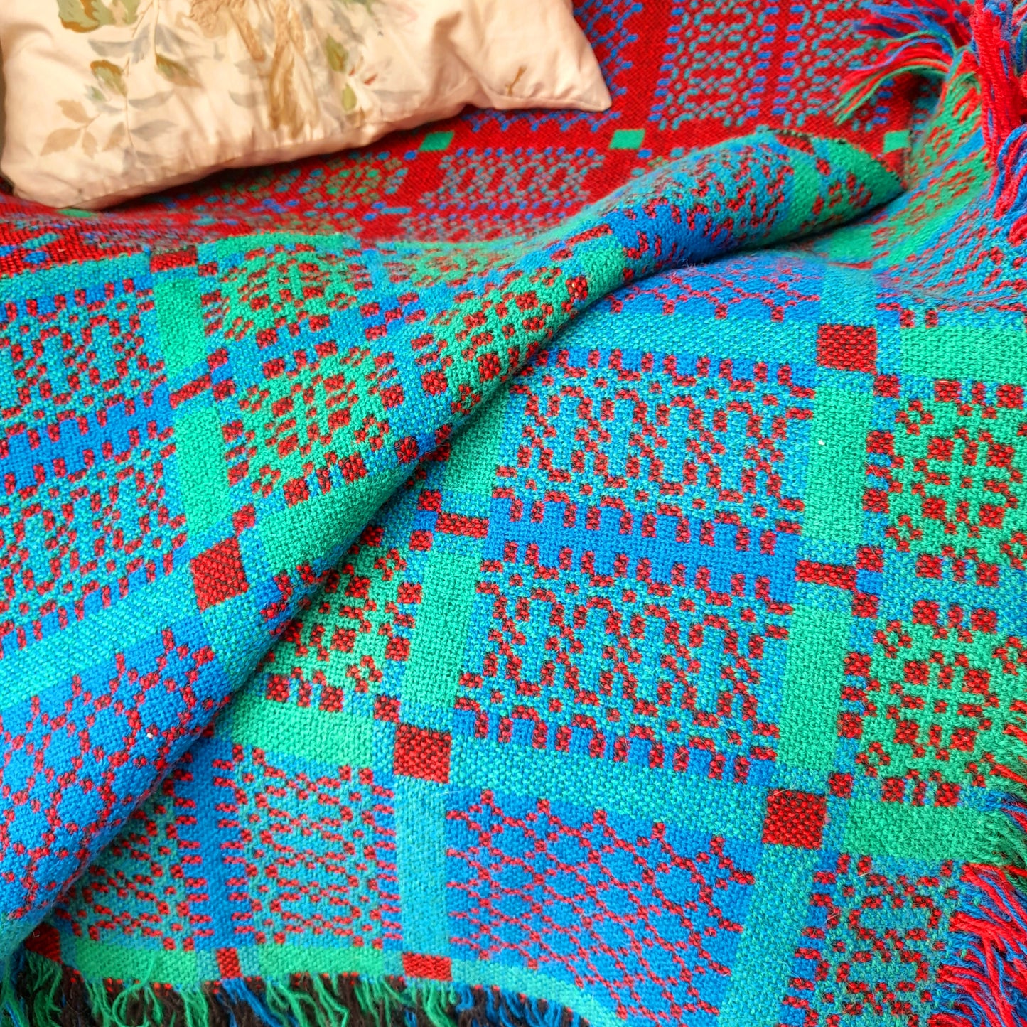 Welsh Tapestry Blanket in Reds Blues & Greens by Melin Tregwynt
