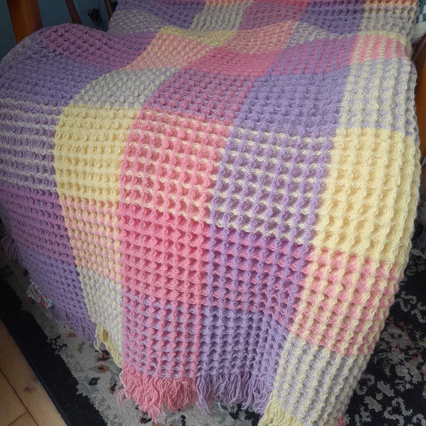 Vintage Welsh Wool Waffle Honeycomb Blanket in Rainbow Pastels Pink Lilac & Lemon Check