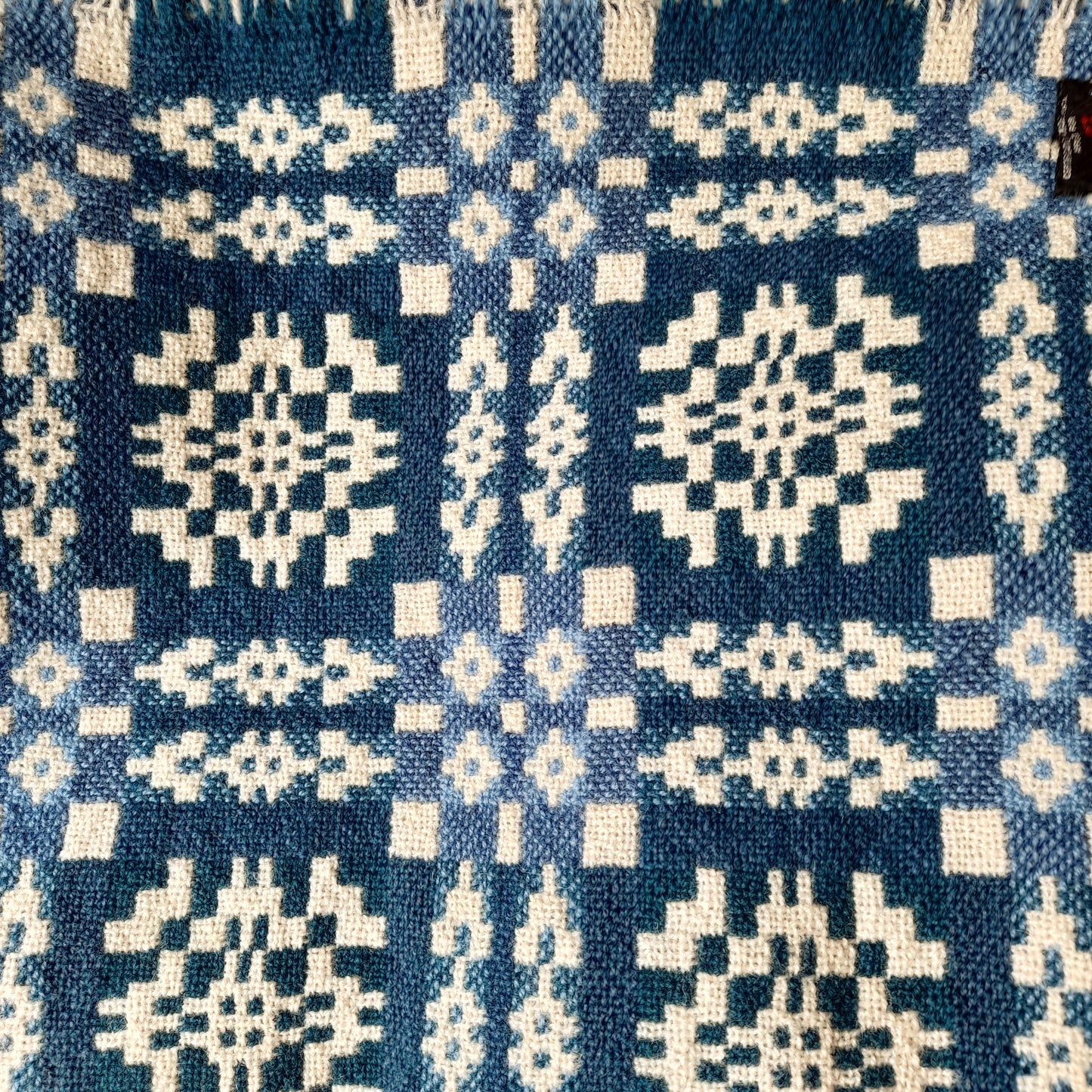 Pair of Welsh Tapestry Blankets in Navy Sky Blue & White