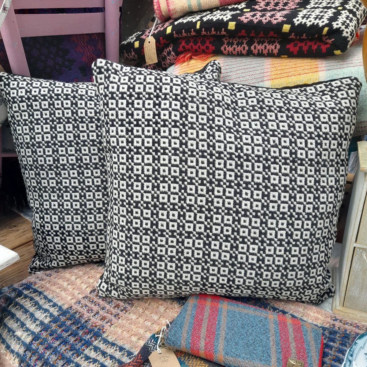 PAIR of Welsh Tapestry Cushions in Monochrome Black & White 18"