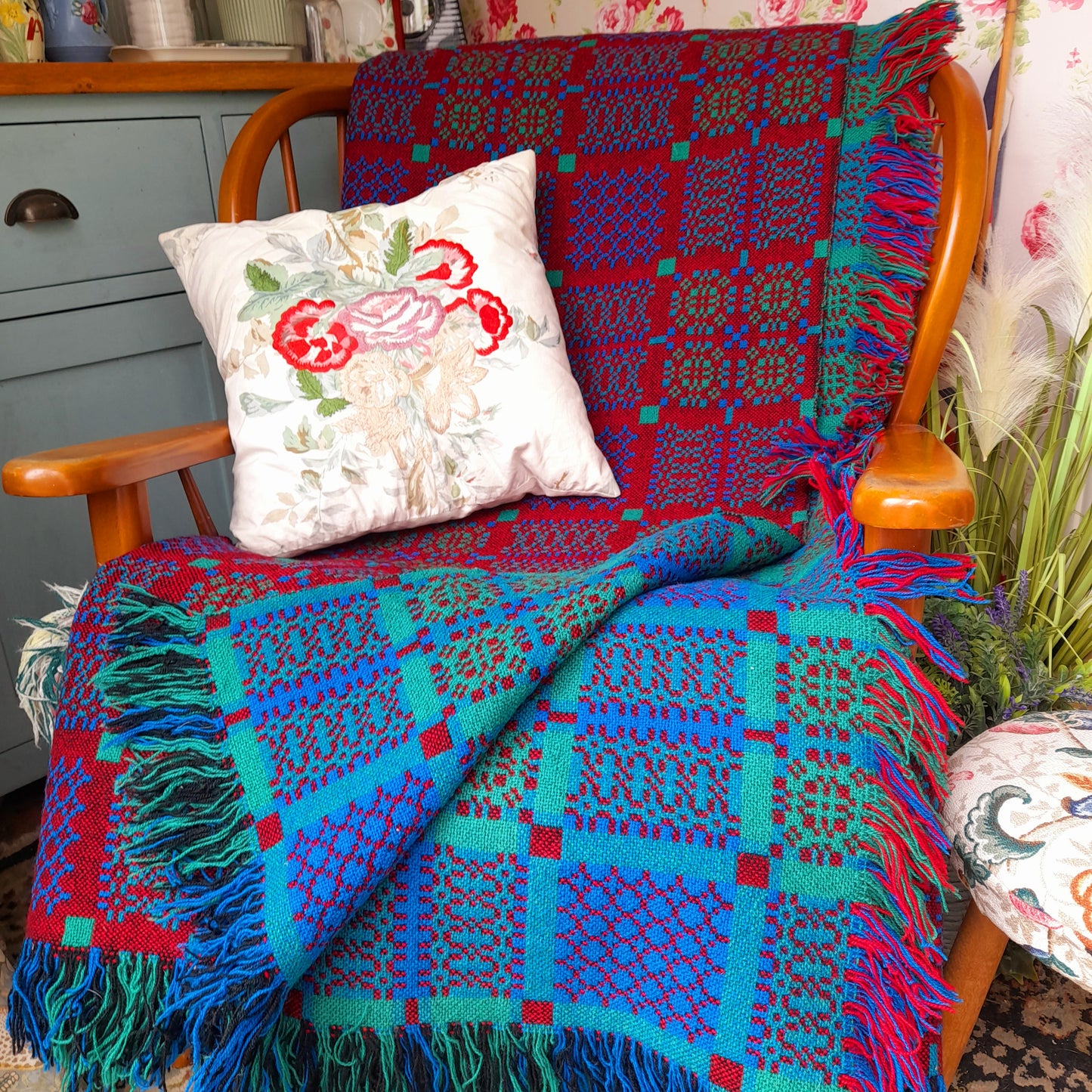 Welsh Tapestry Blanket in Reds Blues & Greens by Melin Tregwynt