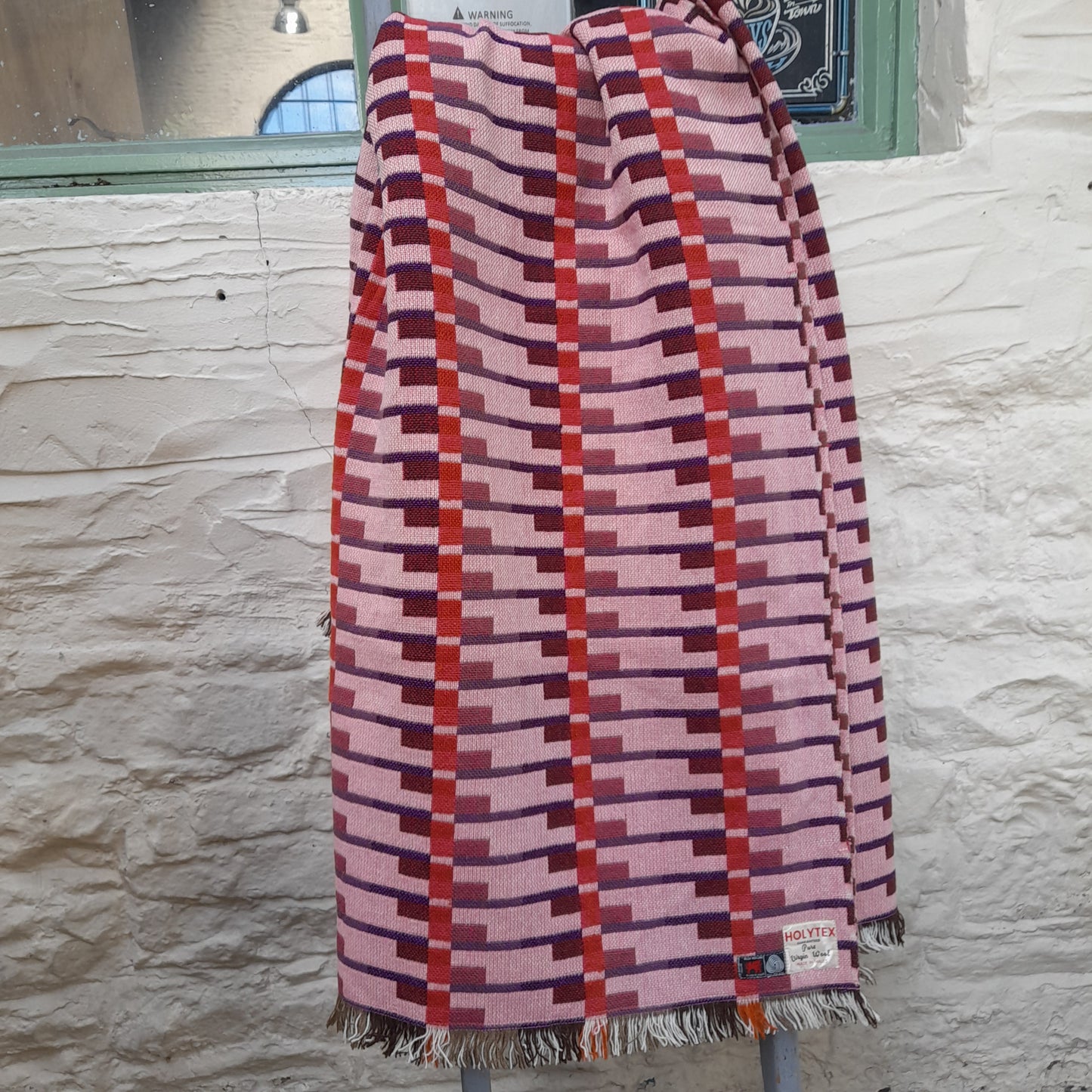 RARE Vintage Welsh Tapestry Blanket in Rose Pink, Orange & Burgundy Original Holytex Mill Label
