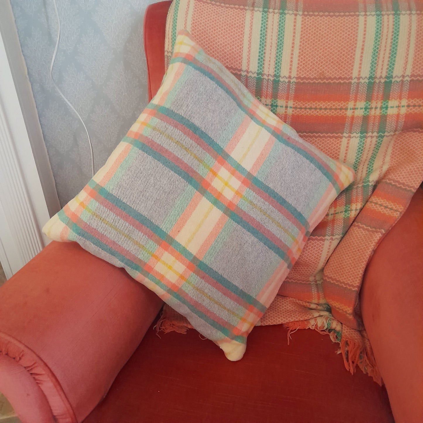 Welsh Wool Cushions Made From A Vintage Blanket in Grey Peach Cream & Green Check 20"