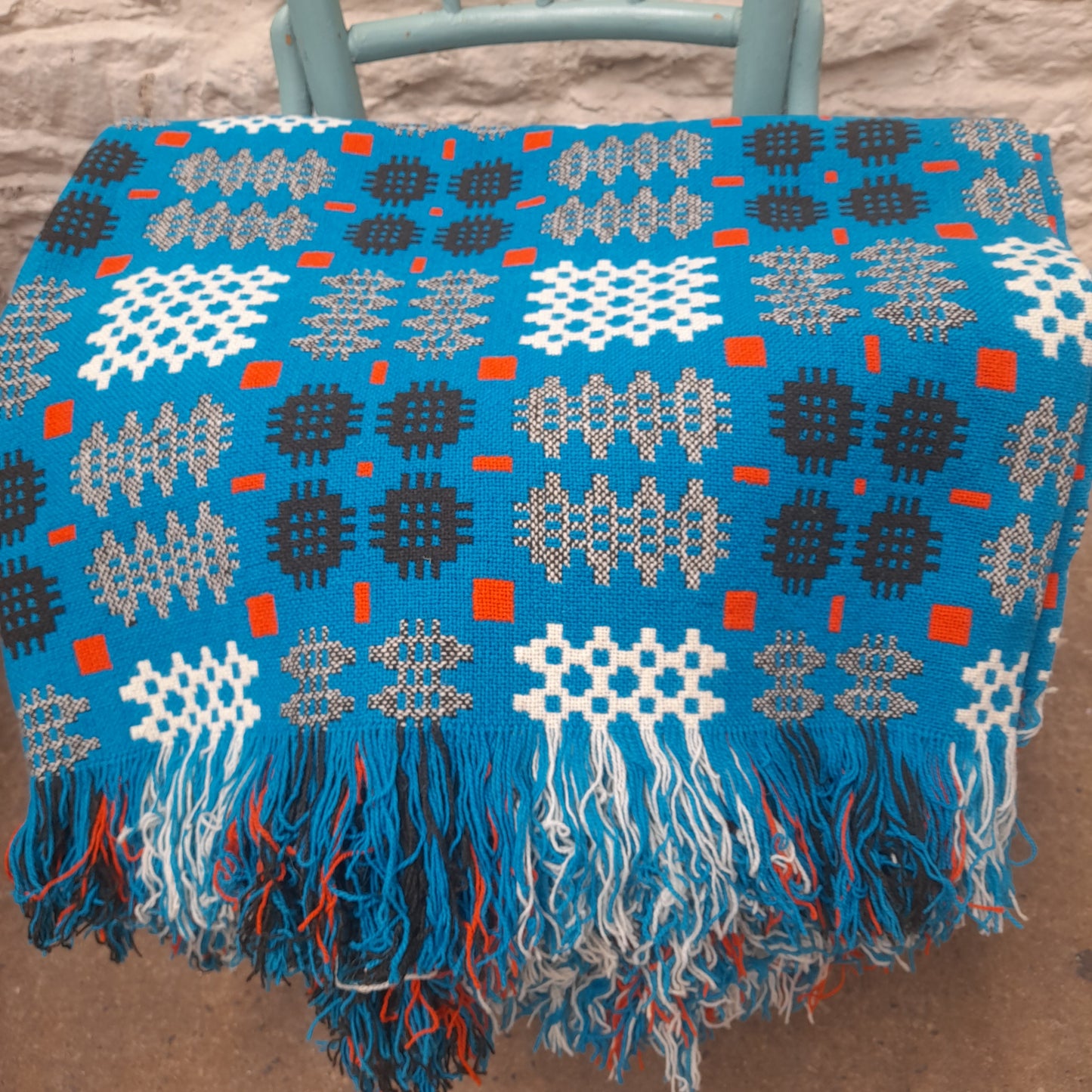 Vintage Welsh Tapestry Blanket in Turquoise Black Orange & White