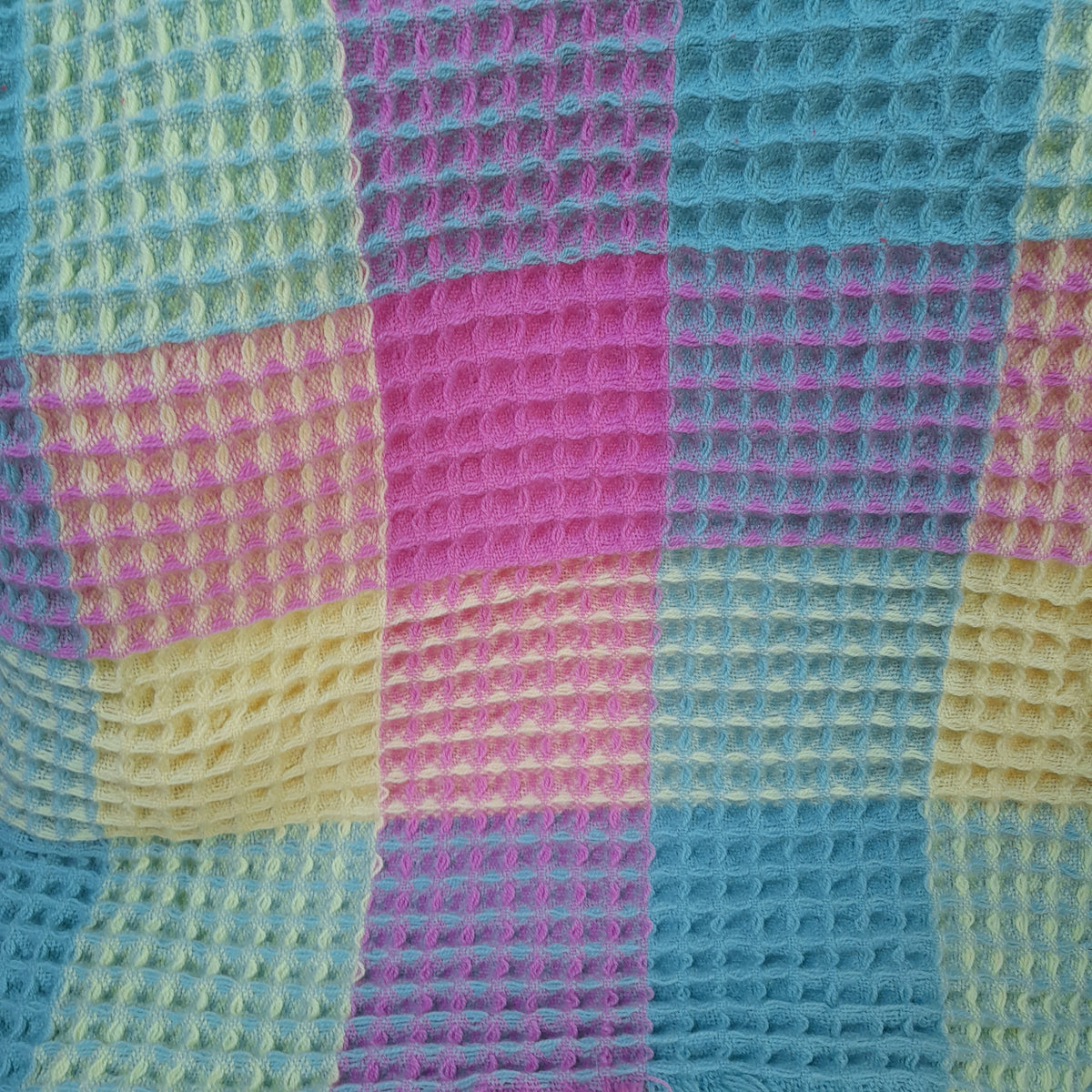 Vintage Welsh Wool Waffle Honeycomb Blanket in Rainbow Colours Pink Green & Yellow by Derw Mill King Size