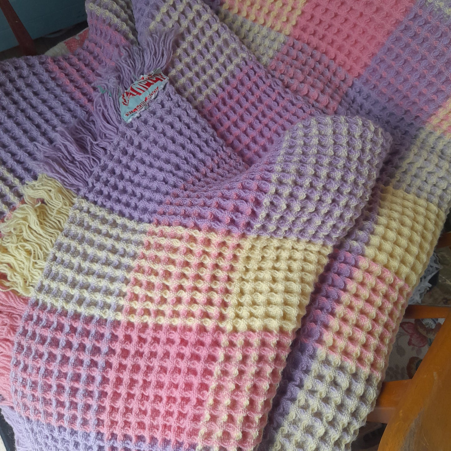 Vintage Welsh Wool Waffle Honeycomb Blanket in Rainbow Pastels Pink Lilac & Lemon Check