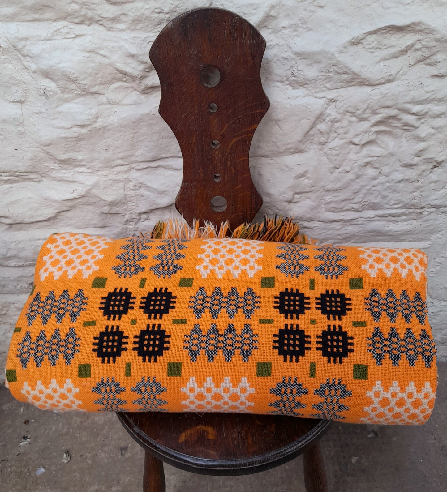 Vintage Welsh Tapestry Blanket in Tangerine Orange Olive Green Black & White