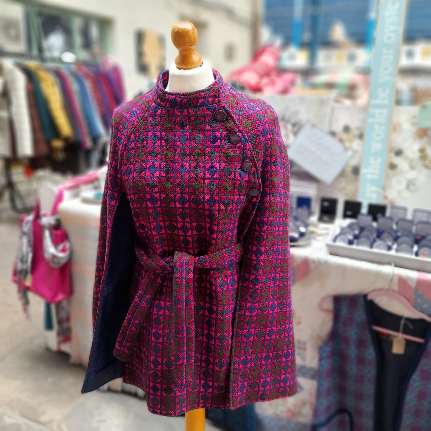Vintage Welsh Wool Tapestry Belted Cape in Pink Navy Blue & Olive Green