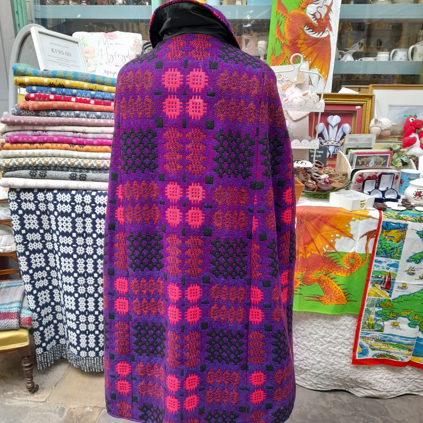 Vintage Welsh Tapestry Cape Full Length in Purple Pink Portcullis