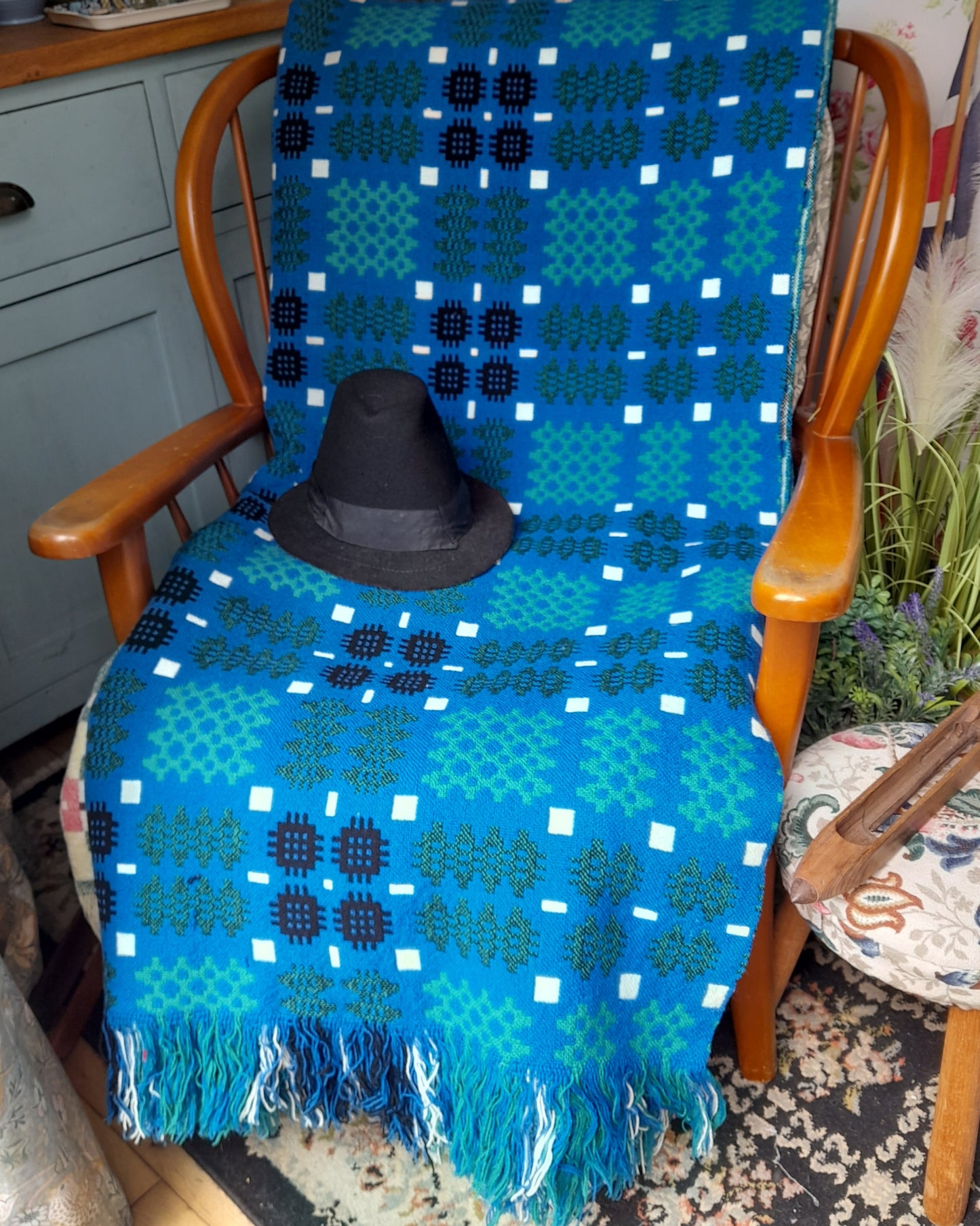 Vintage Welsh Tapestry Blanket in Cobalt Blue Green White & Black