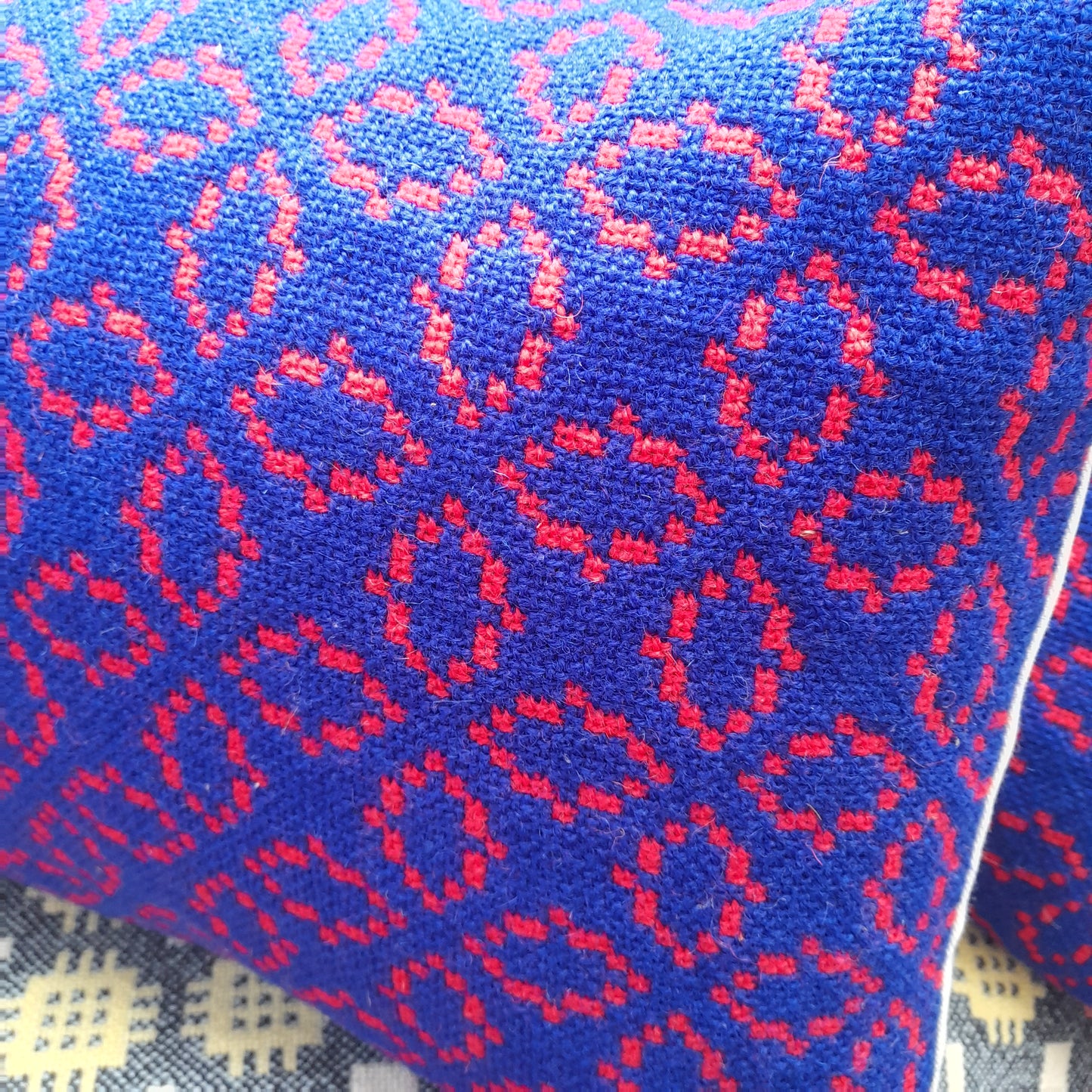 Pair of Cushions in Navy Blue & Red Handmade from Vintage Welsh Tapestry 14" x 18"