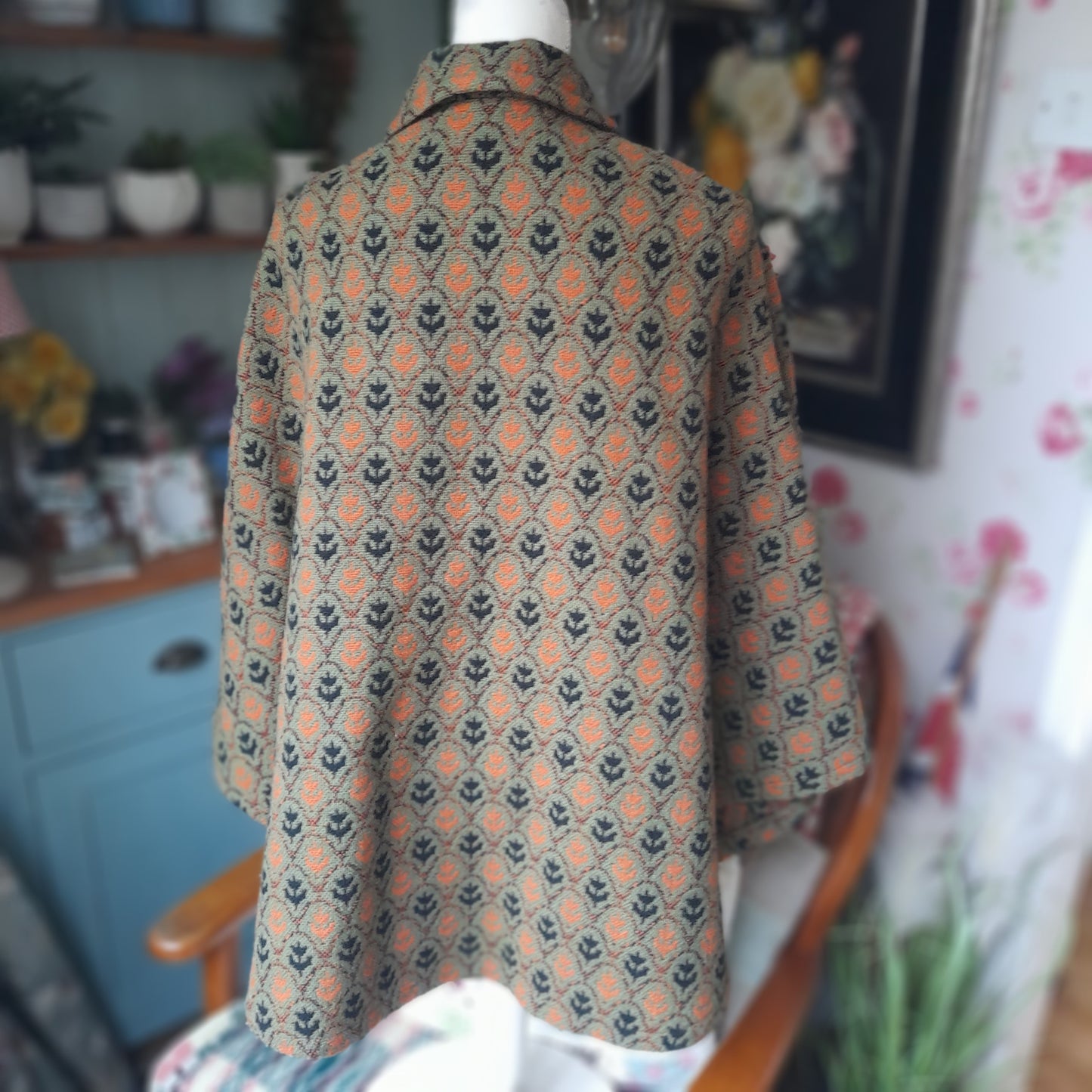 Vintage Welsh Tapestry Cape in Olive Green Black & Orange Tulip Design by Brynkir Mill
