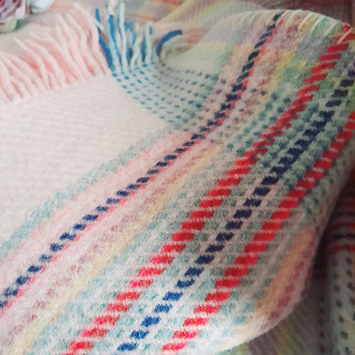 Vintage Welsh Blanket in Pretty Pastel Plaid Checks in Pink Lilac Blue & Pop of Red