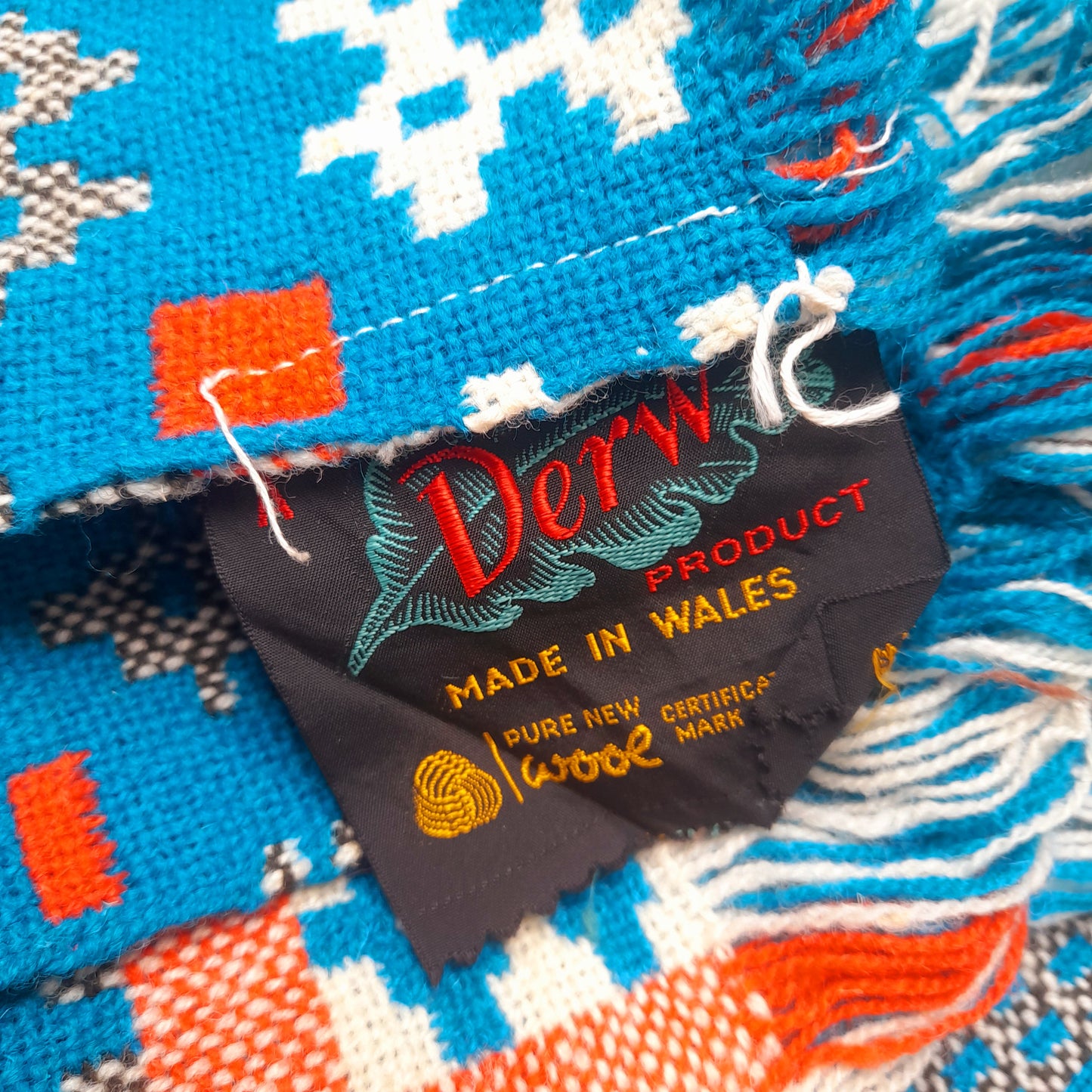 Vintage Welsh Tapestry Blanket in Turquoise Black Orange & White