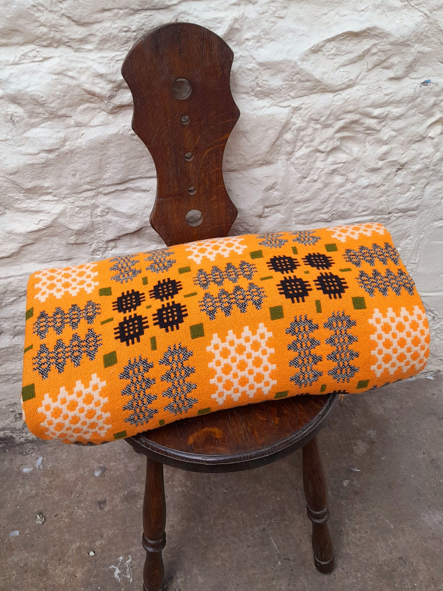 Vintage Welsh Tapestry Blanket in Tangerine Orange Olive Green Black & White