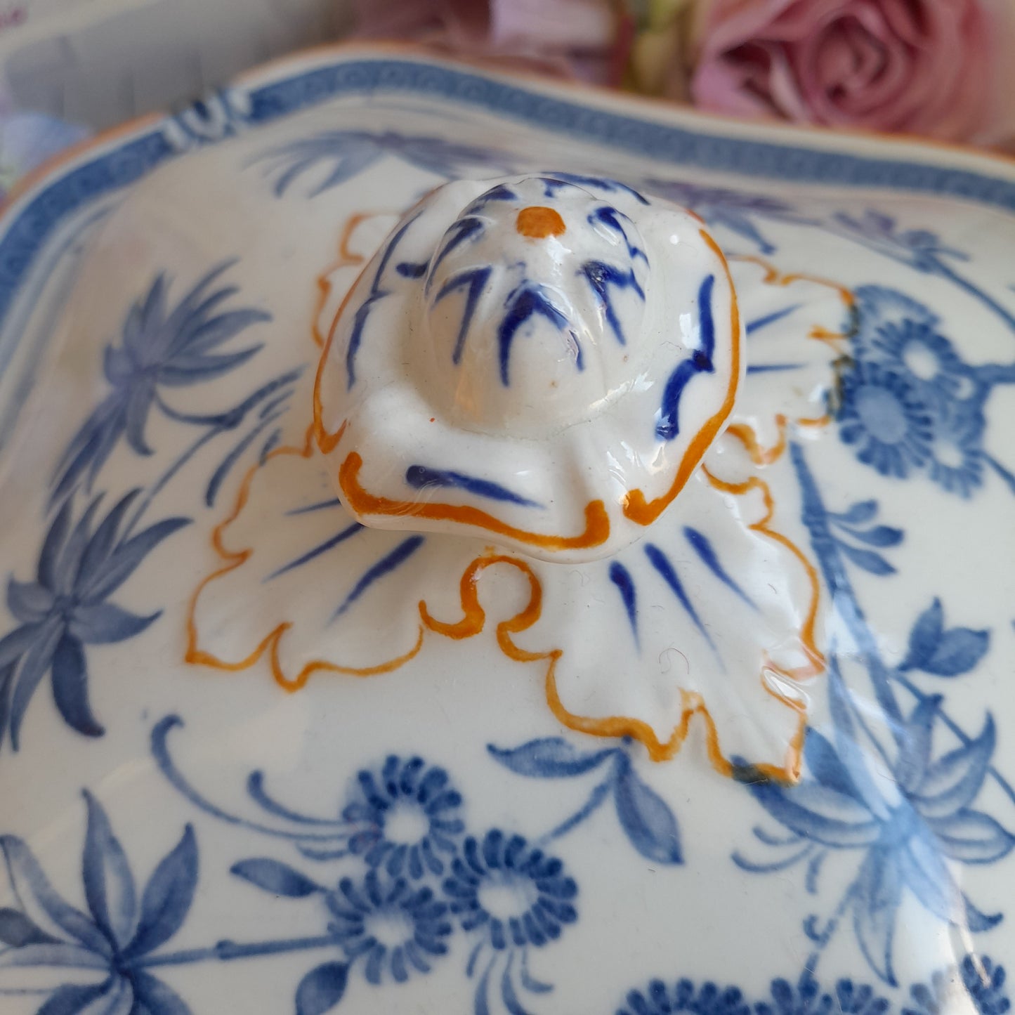 Art Deco Blue & White Square Vegetable Serving Dish with Lid in Woods Ware 'Kenya' Design