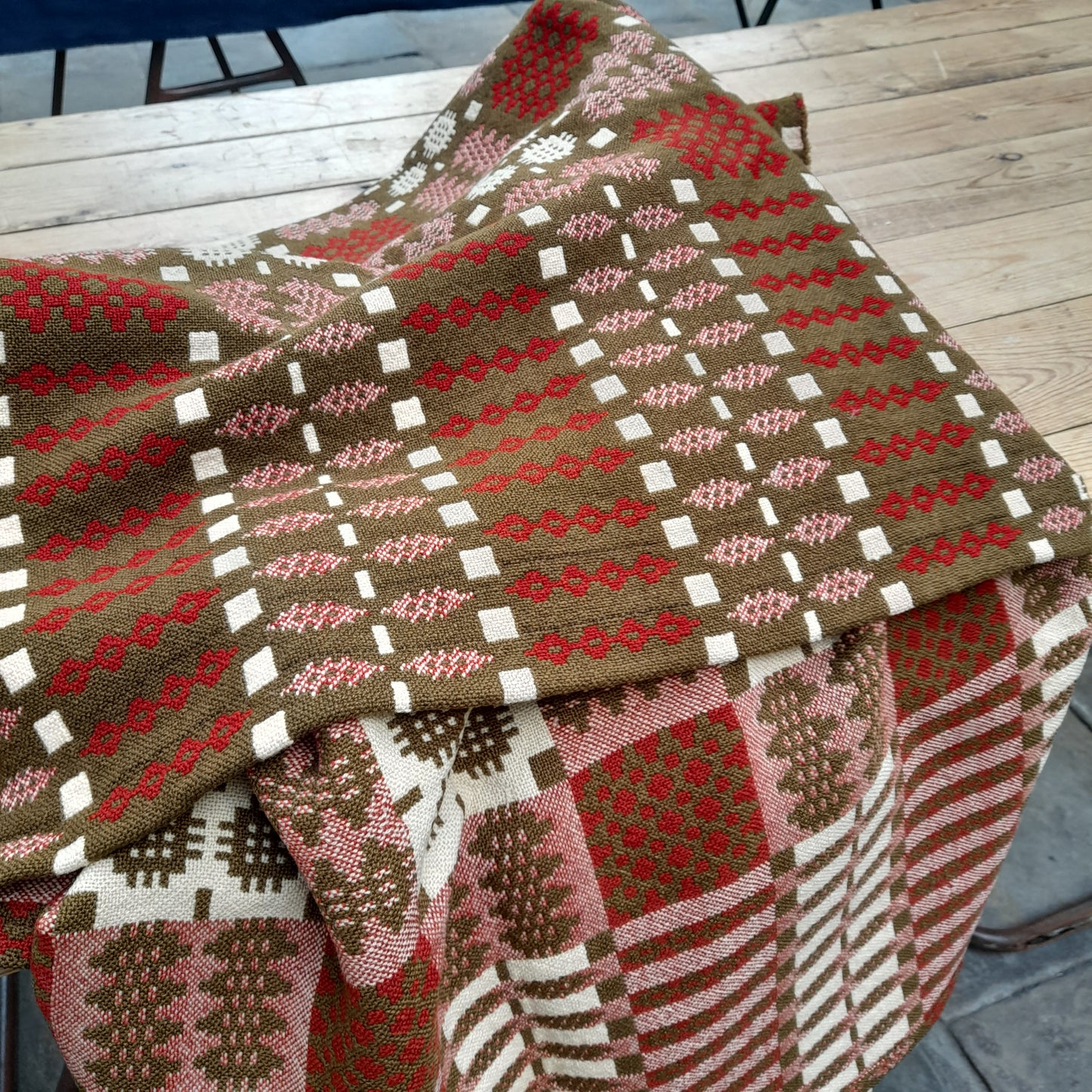 Antique Handmade Welsh Tapestry Blanket in Chocolate Brown Deep Red & Cream