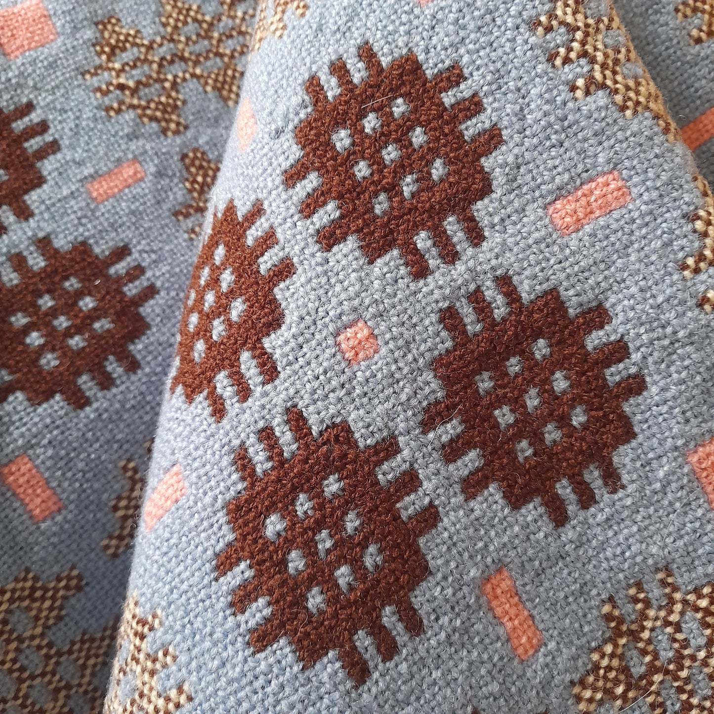 Welsh Tapestry Blanket in Pale Blue White Browny Burgundy & Pink King Size