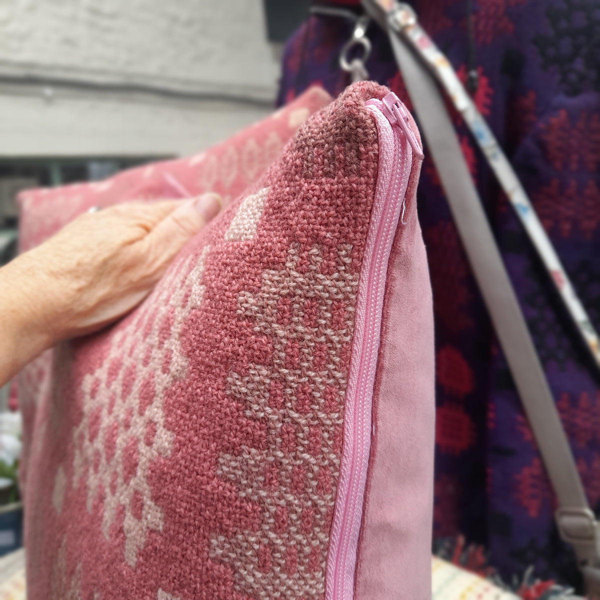 PAIR of Welsh Blanket Cushions in Dusky Pink, Taupe & Cream Handmade 18 inch