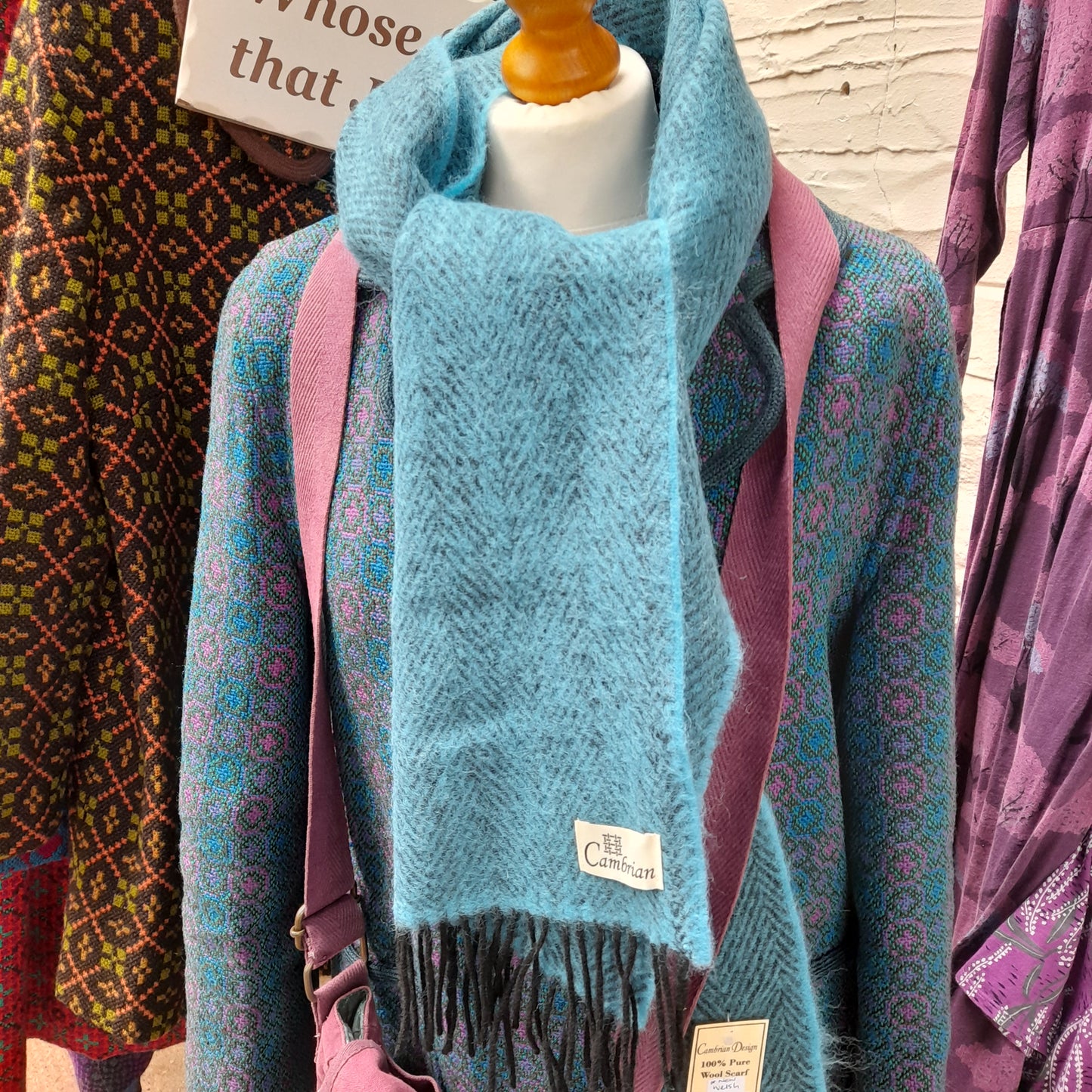 Super Soft Wool Herringbone Scarf in Aqua Teal & Black Woven in Wales