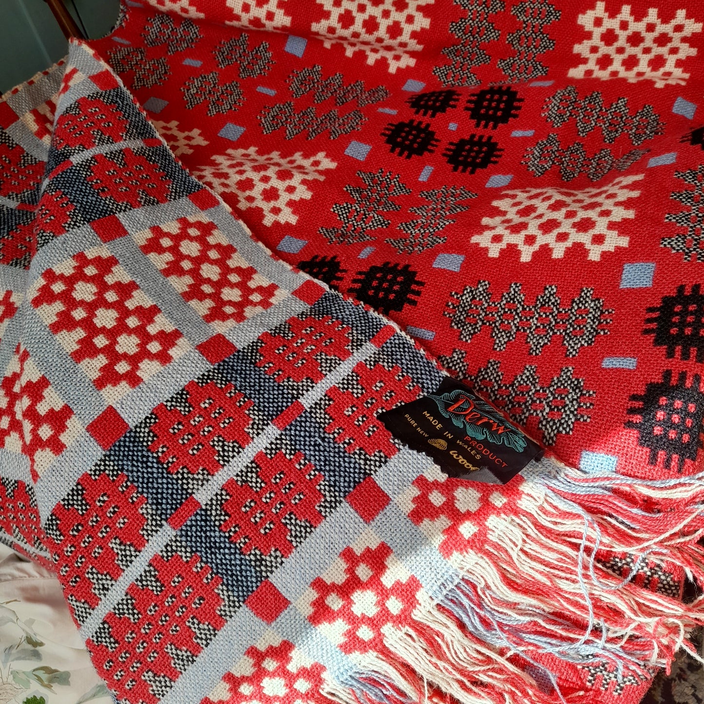 Vintage Welsh Tapestry Blanket in Bright Pink Black White & a Pop of Blue